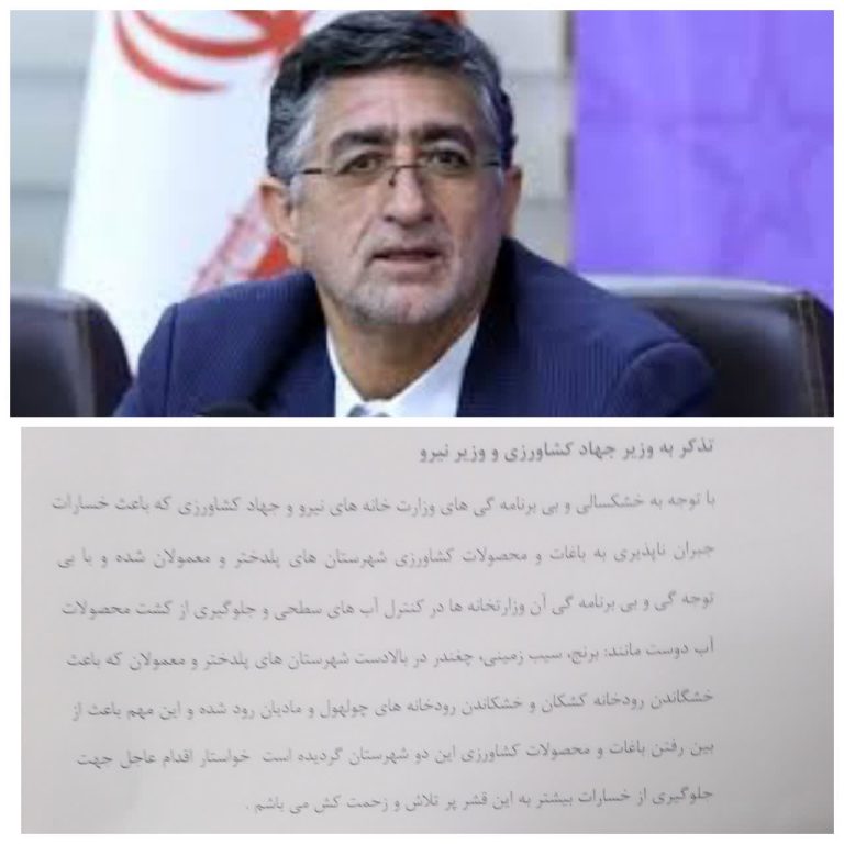 تذکر  سیدحمیدرضا کاظمی به وزرای نیرو و جهاد کشاورزی:  مسئولیت‌ناپذیری و بی‌تدبیری شما، کشاورزی پلدختر و معمولان را به مرز نابودی کشانده است